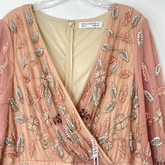 Mac Duggal 93755 Size 14 Floral Beaded Surplice V-Neck Long Balloon Sleeve Gown - Picture 5 of 16